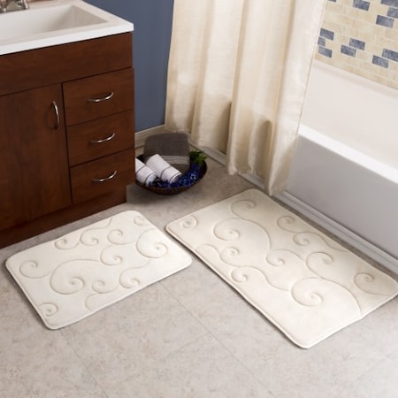 Hastings Home 2 pc Memory Foam Bath Mat Set by Hastings Home -Coral Fleece Embossed Pattern - Ivory 105745NYL